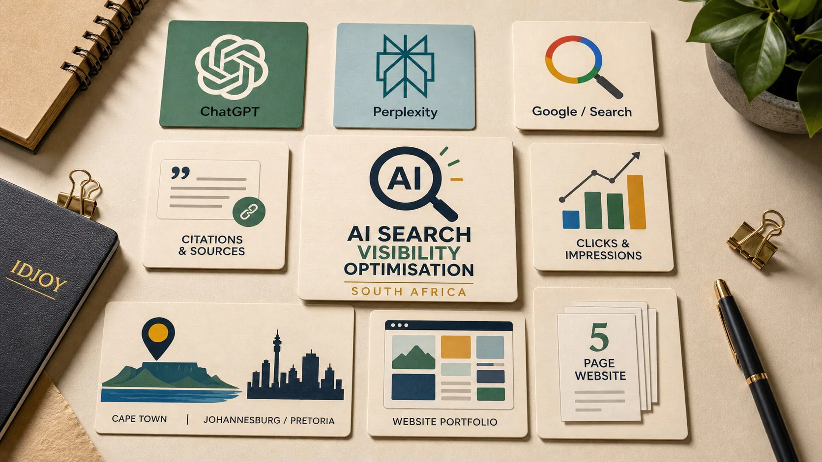 AI search visibility worksheet connecting South African service pages, citations, crawlers and qualified enquiries