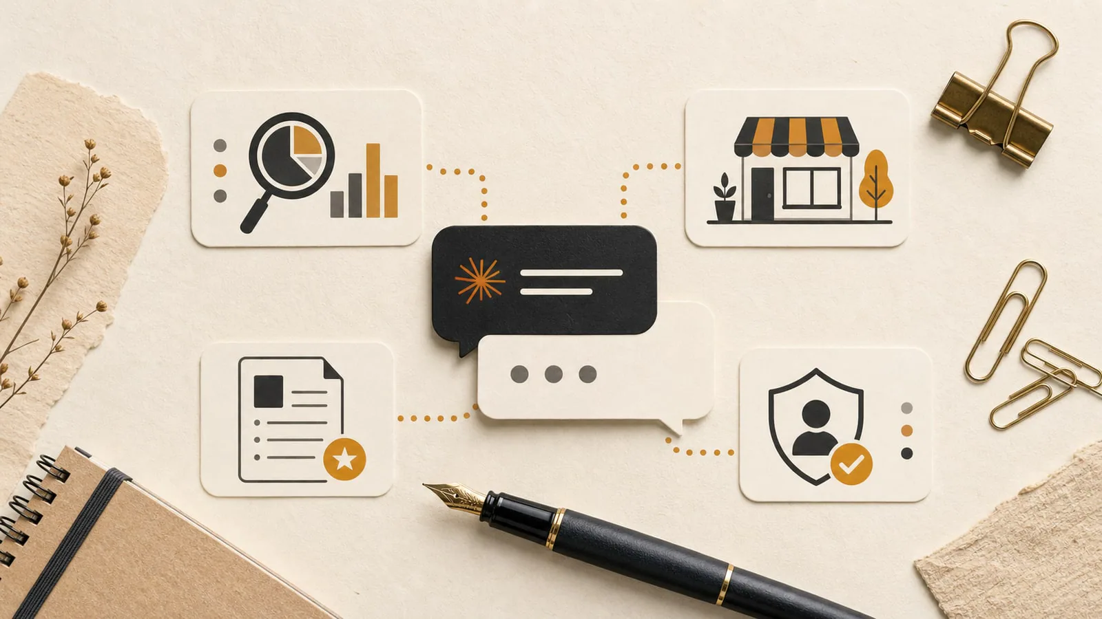 Editorial icon board showing three crawler tokens, a robots.txt card and a citation marker on warm paper