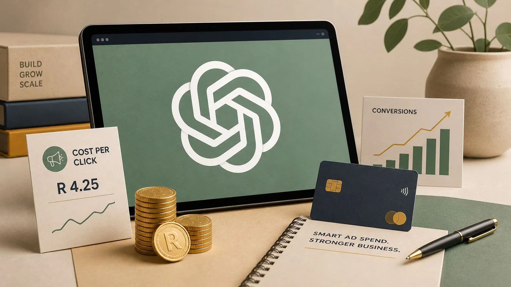 Editorial desk scene with ChatGPT logo, coin stacks, payment card and ad measurement cards
