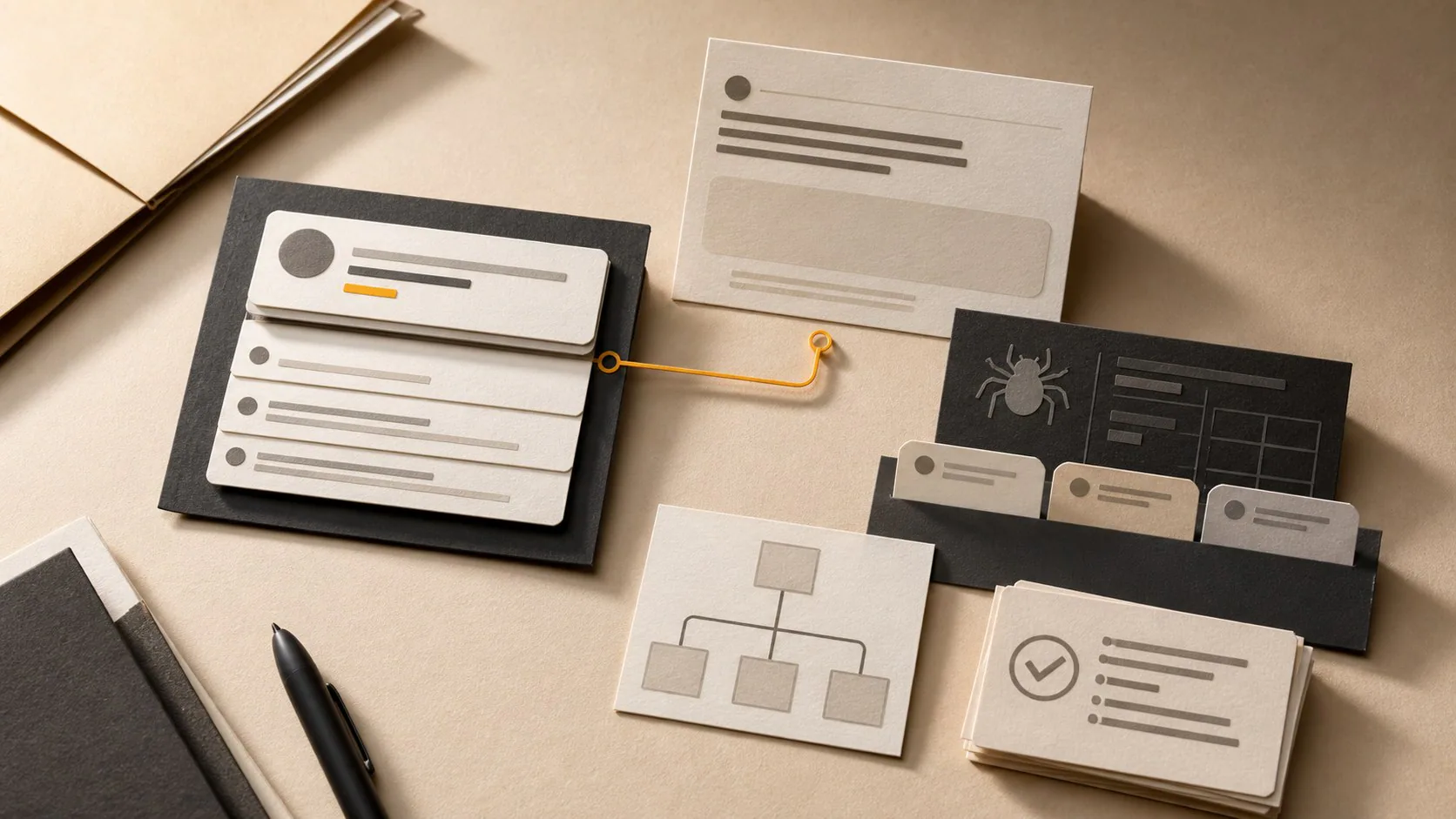 Editorial still life of search cards, AI answer layers, crawler access notes and source citation tabs