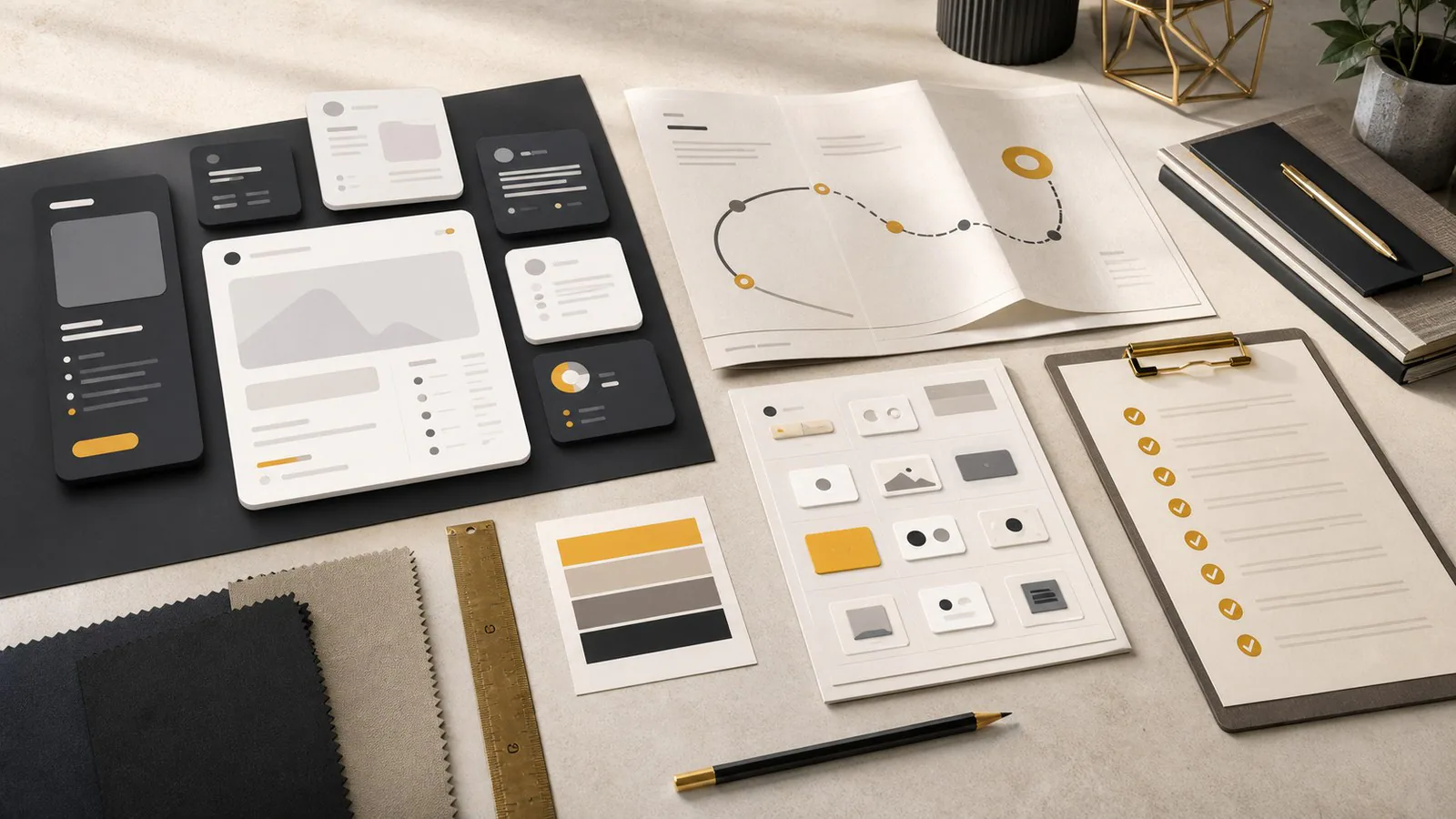 Editorial image of AI-generated website mockups beside a practical business website checklist