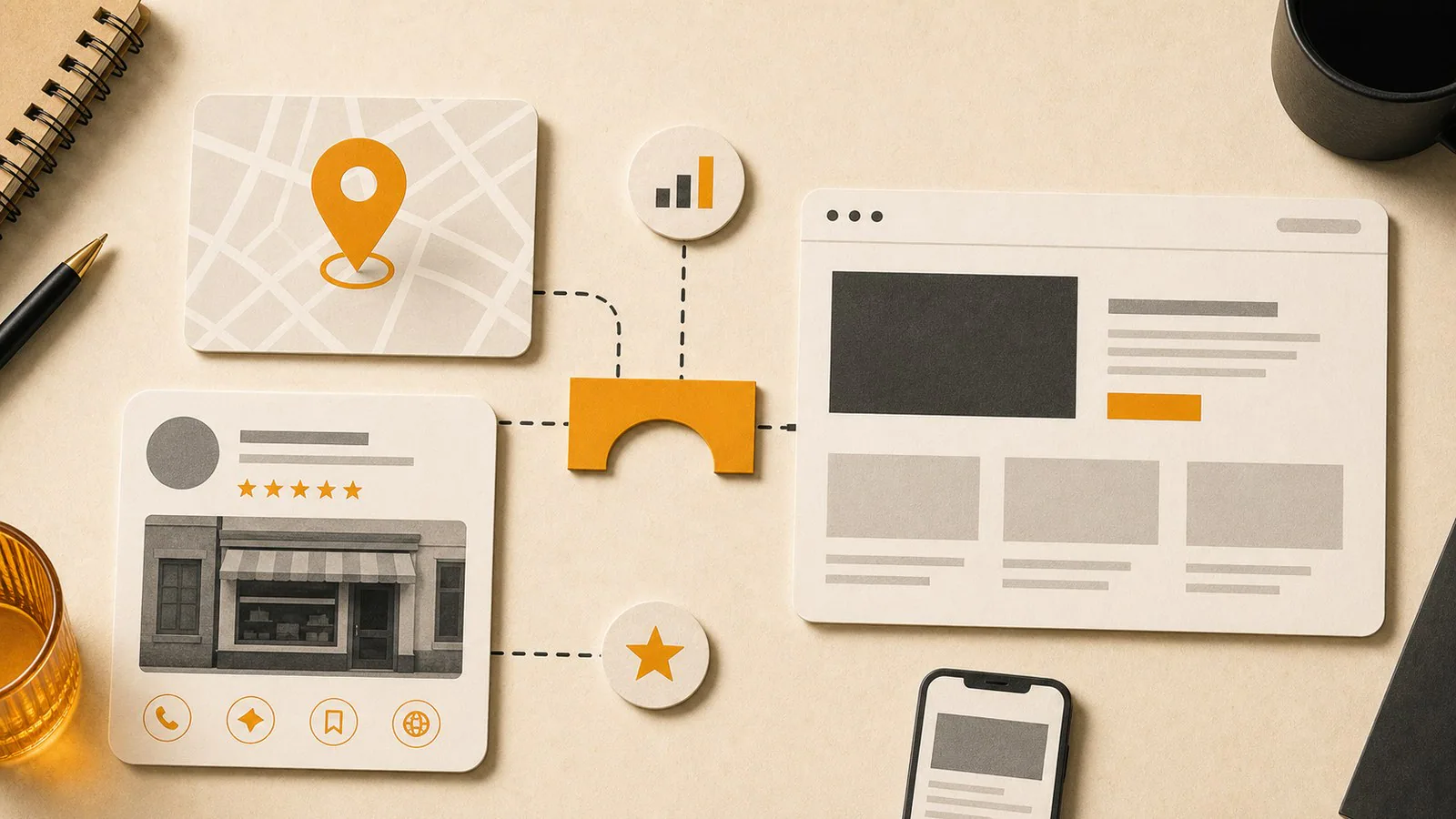 Editorial image connecting a local business profile card with a website card