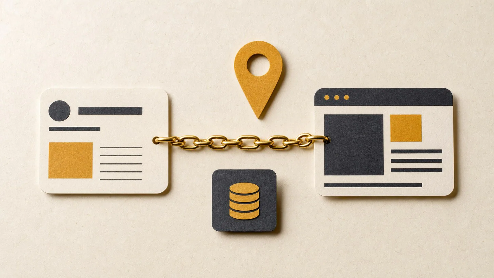 Editorial consistency checklist linking a Google Business Profile, website, map pin and structured data card