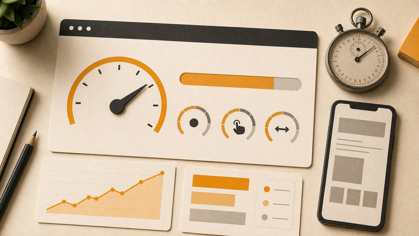 Editorial image of website speed gauges and performance cards