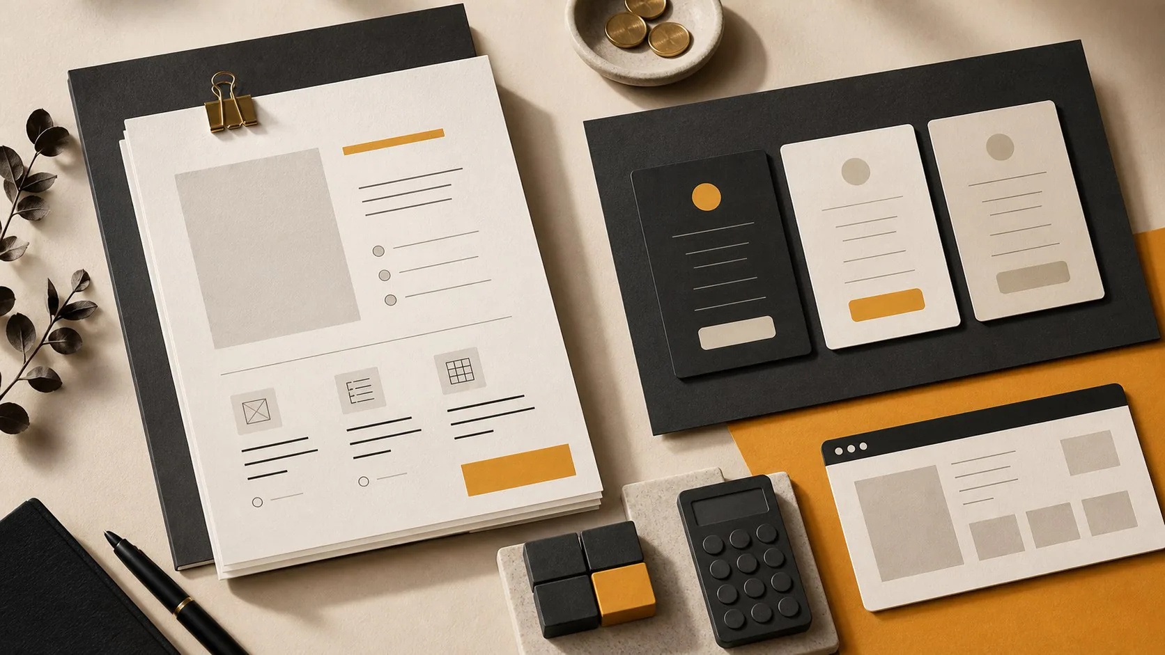Website quote sheets, pricing cards and a calculator arranged for a South African business owner