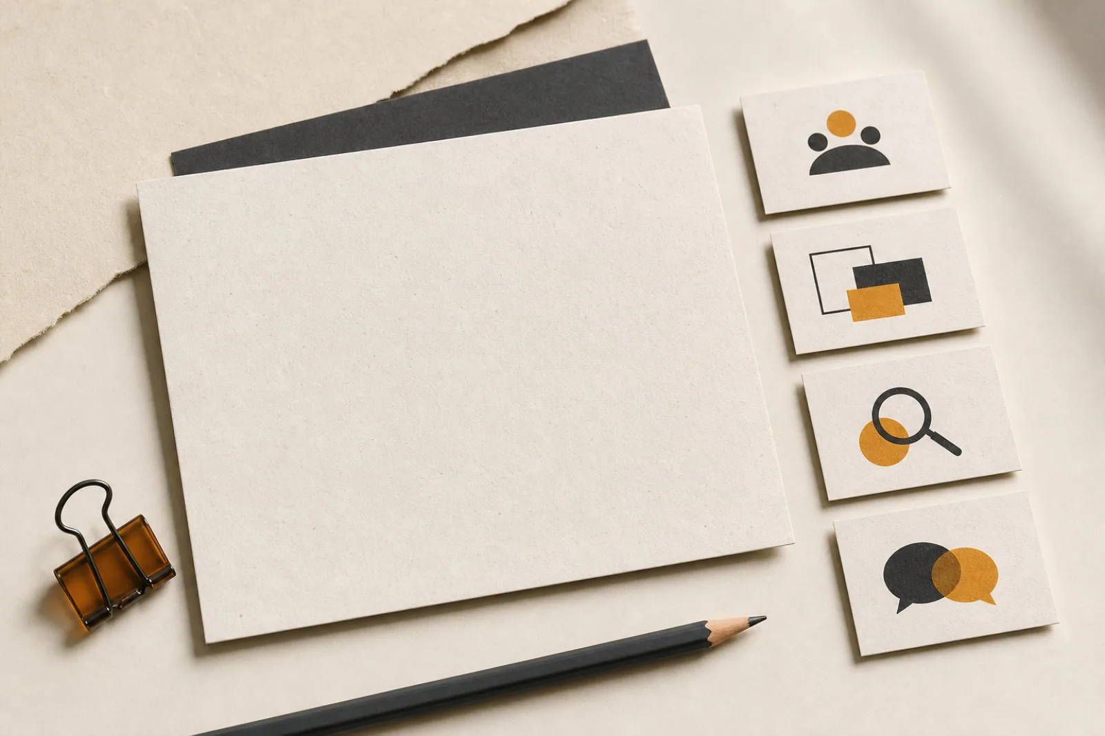 Editorial still life of a blank website project brief card, planning cards and pencil