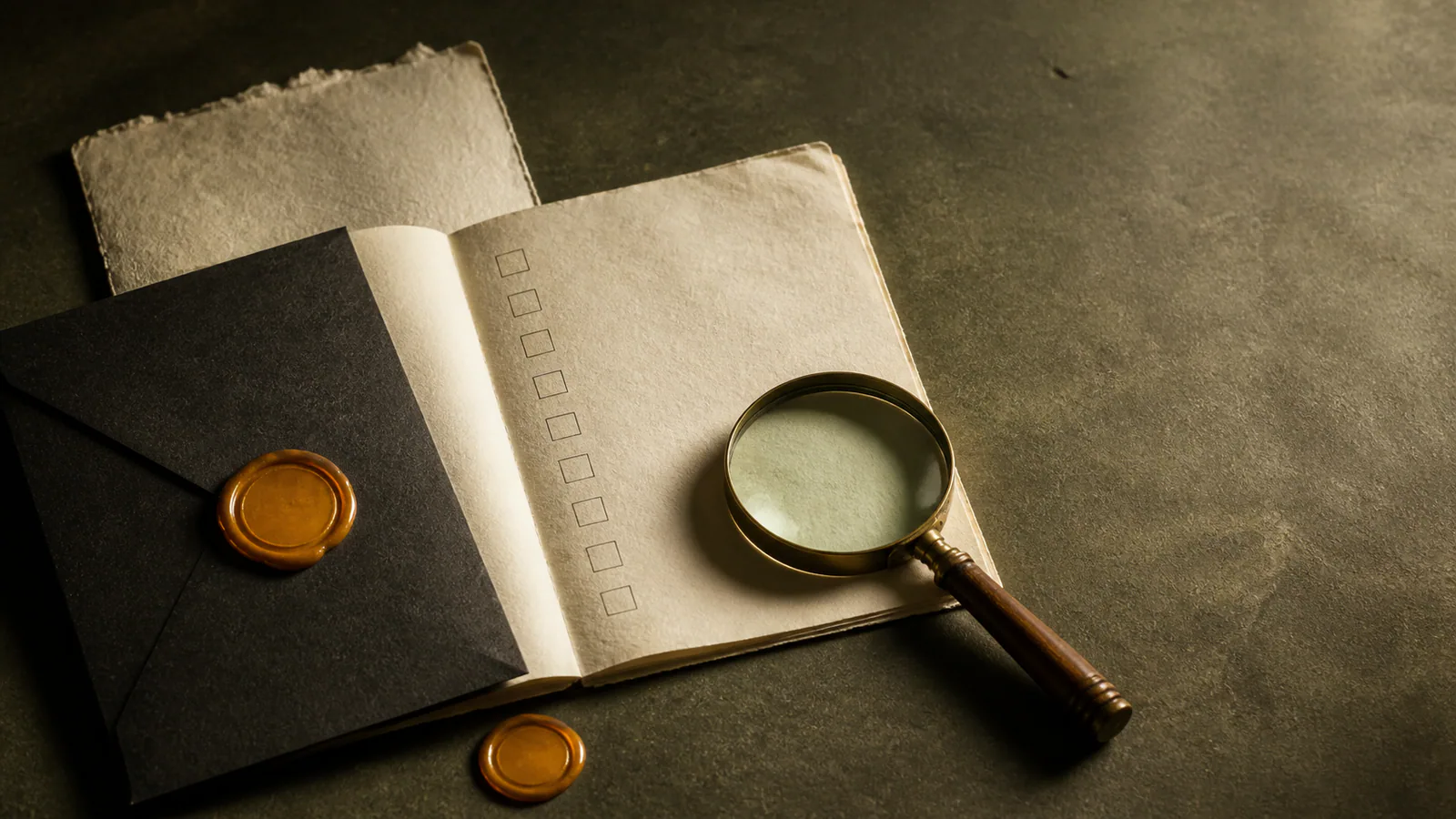 Unlabelled evaluation checklist, sealed claim card and magnifying glass on a paper desk
