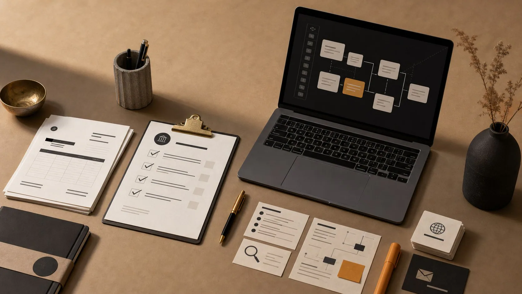 Editorial still life of AI workflow cards, business planning notes and South African startup documents