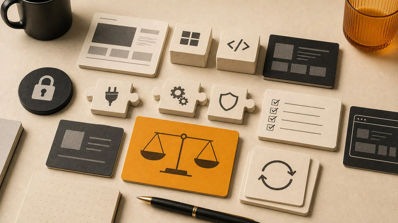 Editorial image of modular website blocks, maintenance cards and security tokens