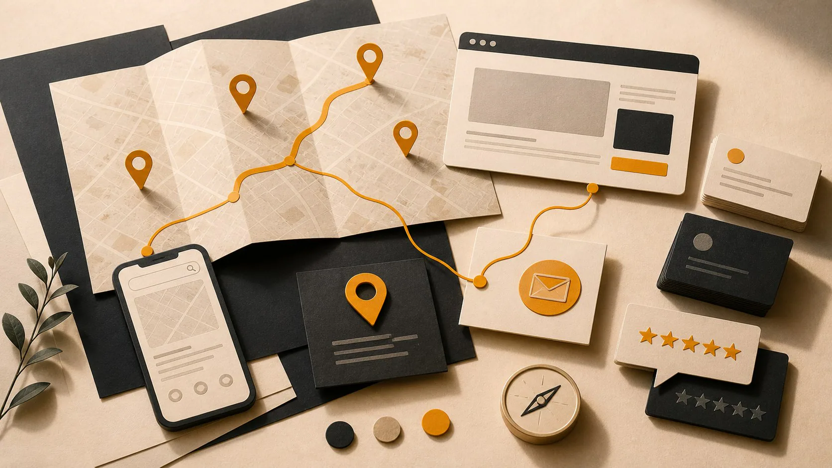 Editorial local SEO scene with map pins, website cards and review markers