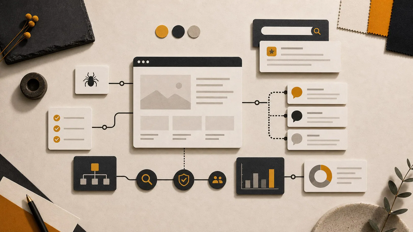 Editorial AI search visibility scene with website, answer and citation cards
