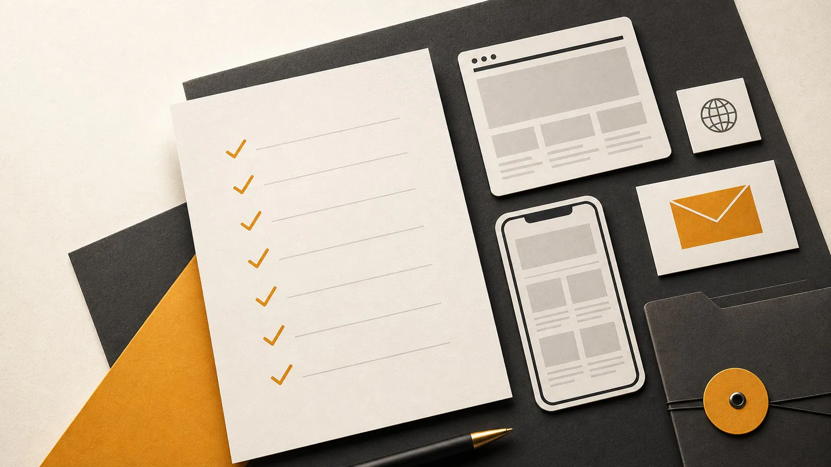Editorial checklist scene with website launch cards and checked preparation items