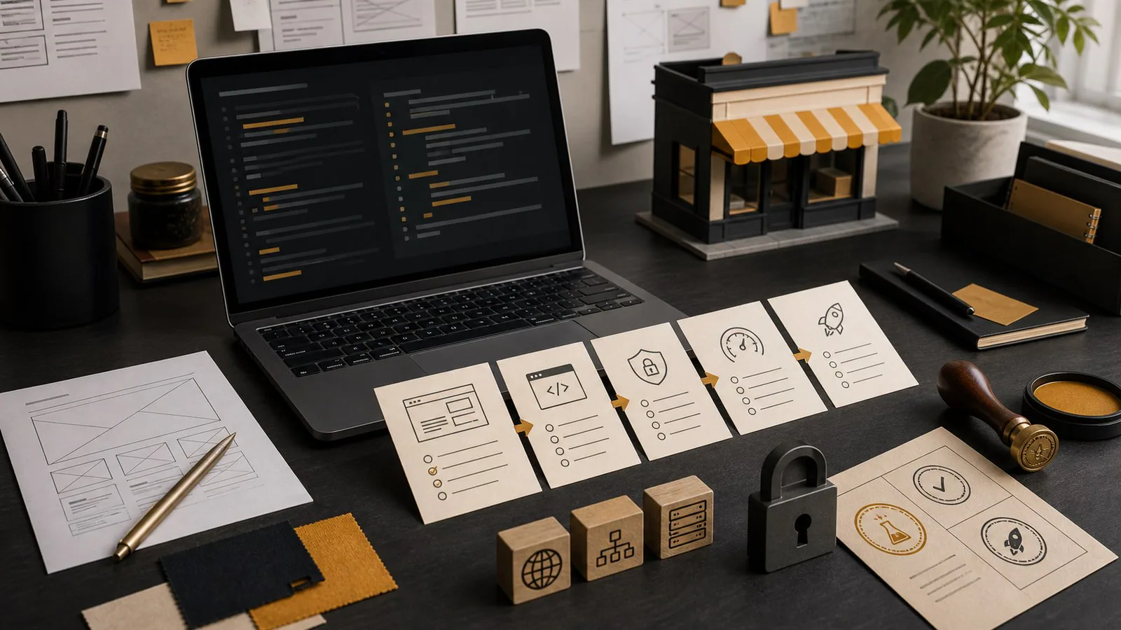 Editorial scene of an AI website prototype being reviewed with launch, ownership and quality checklist cards