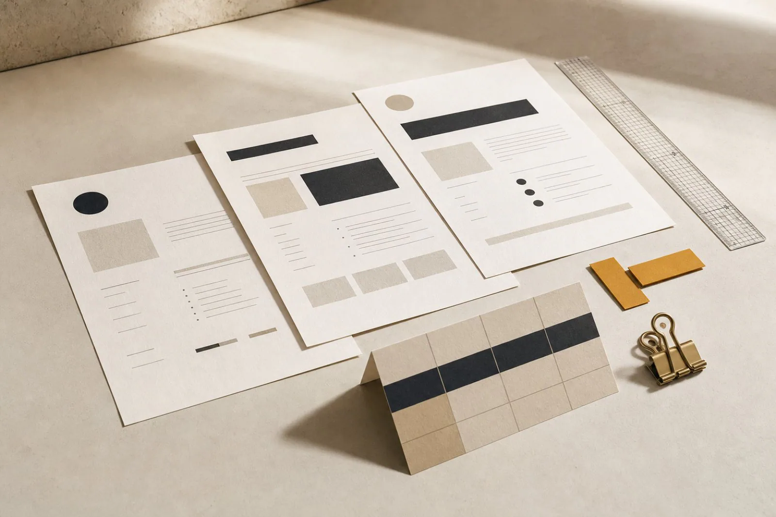 Editorial still life of website proposal sheets, comparison card and ruler