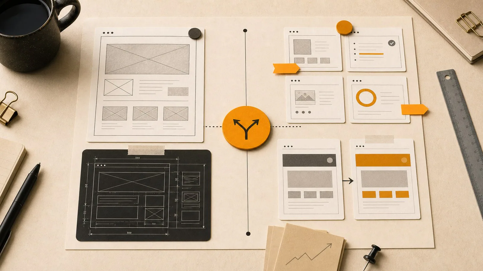 Editorial image of redesign blueprint cards and targeted improvement notes