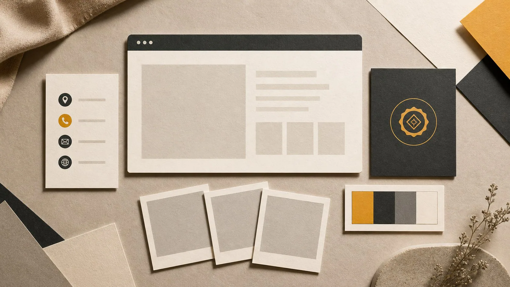 Editorial website trust scene with brand cards, proof blocks and contact markers