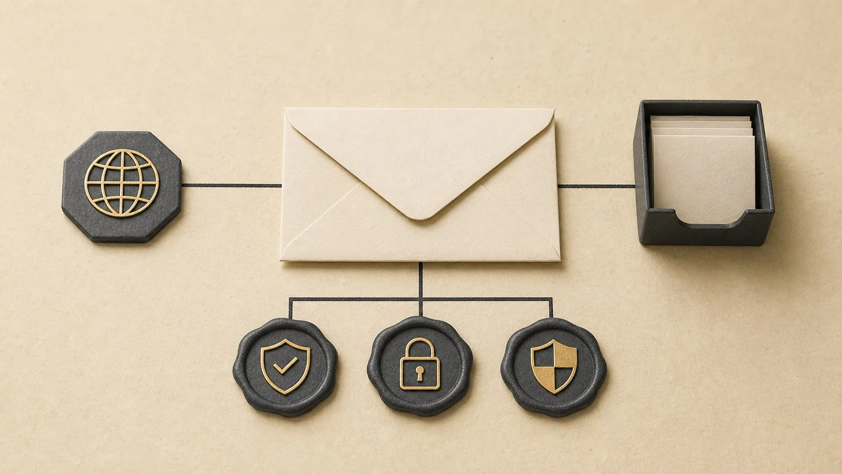 Editorial email authentication diagram linking a business domain to SPF, DKIM, DMARC and an inbox