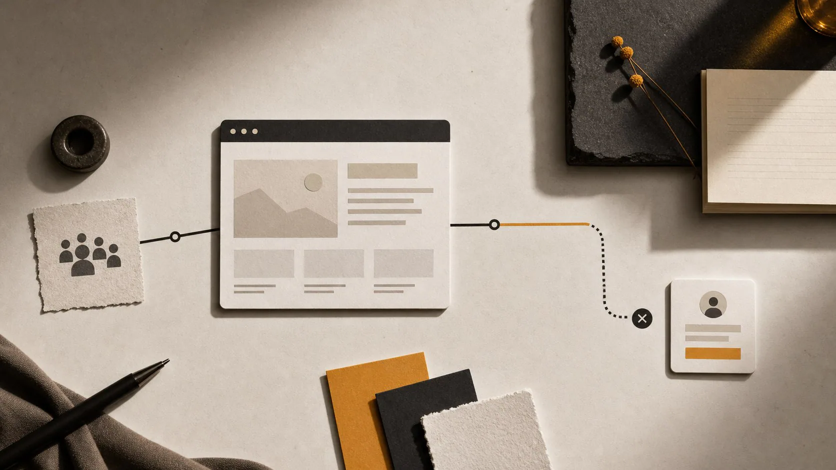 Editorial still life showing an abstract website journey from traffic to enquiry