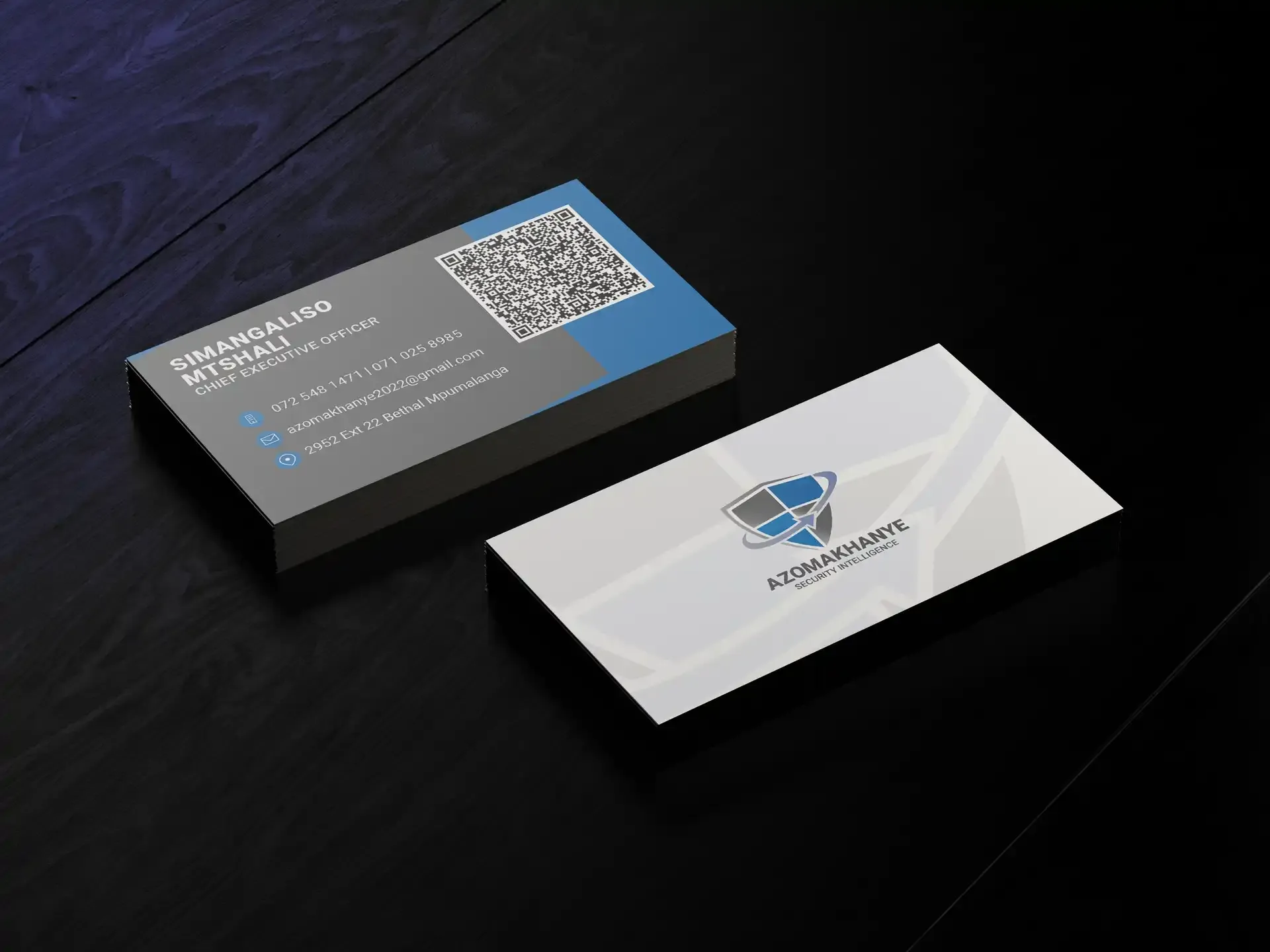 Azomakhanye business card design mockup with professional layout