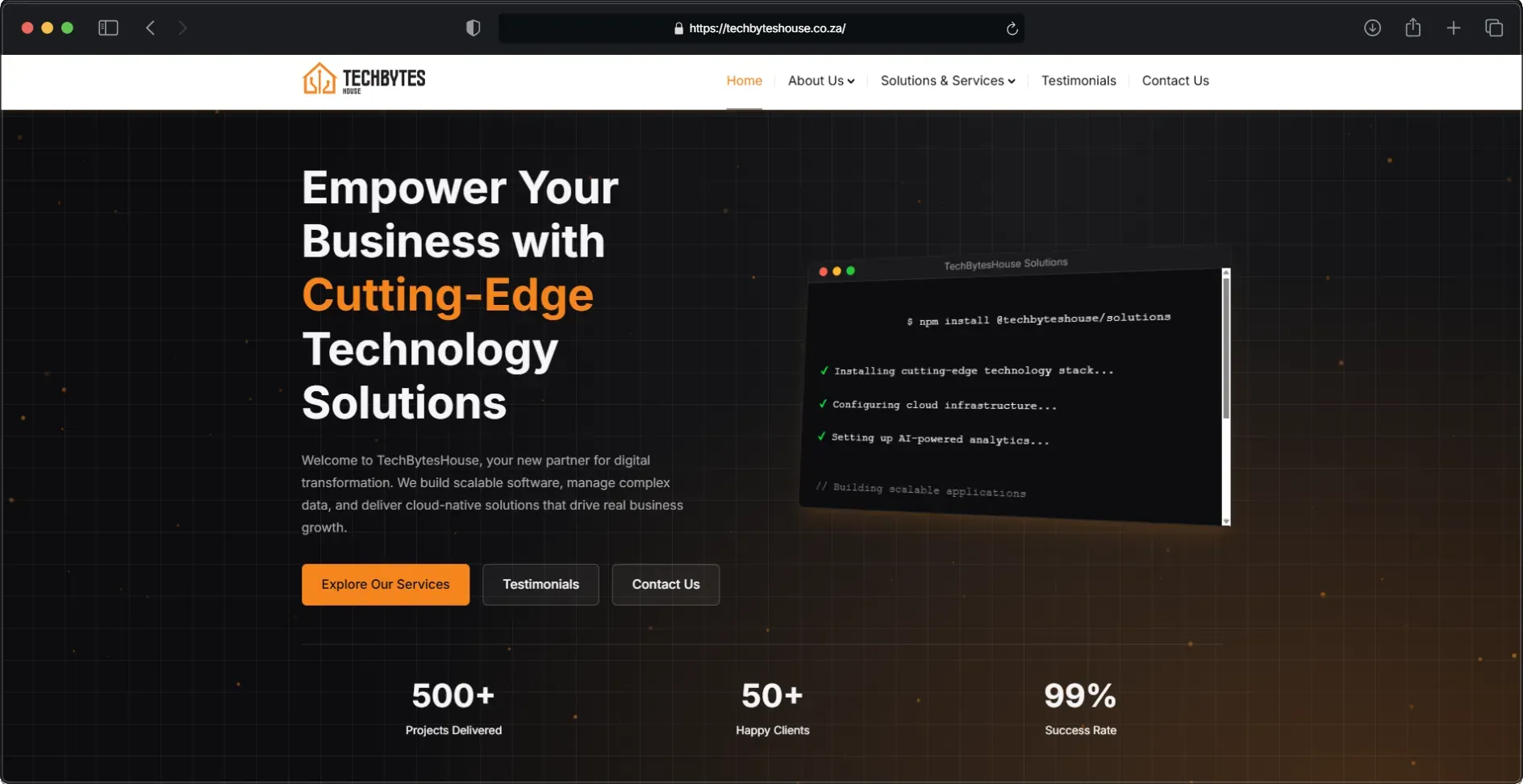 Landing page for Tech Bytes House emphasising software services