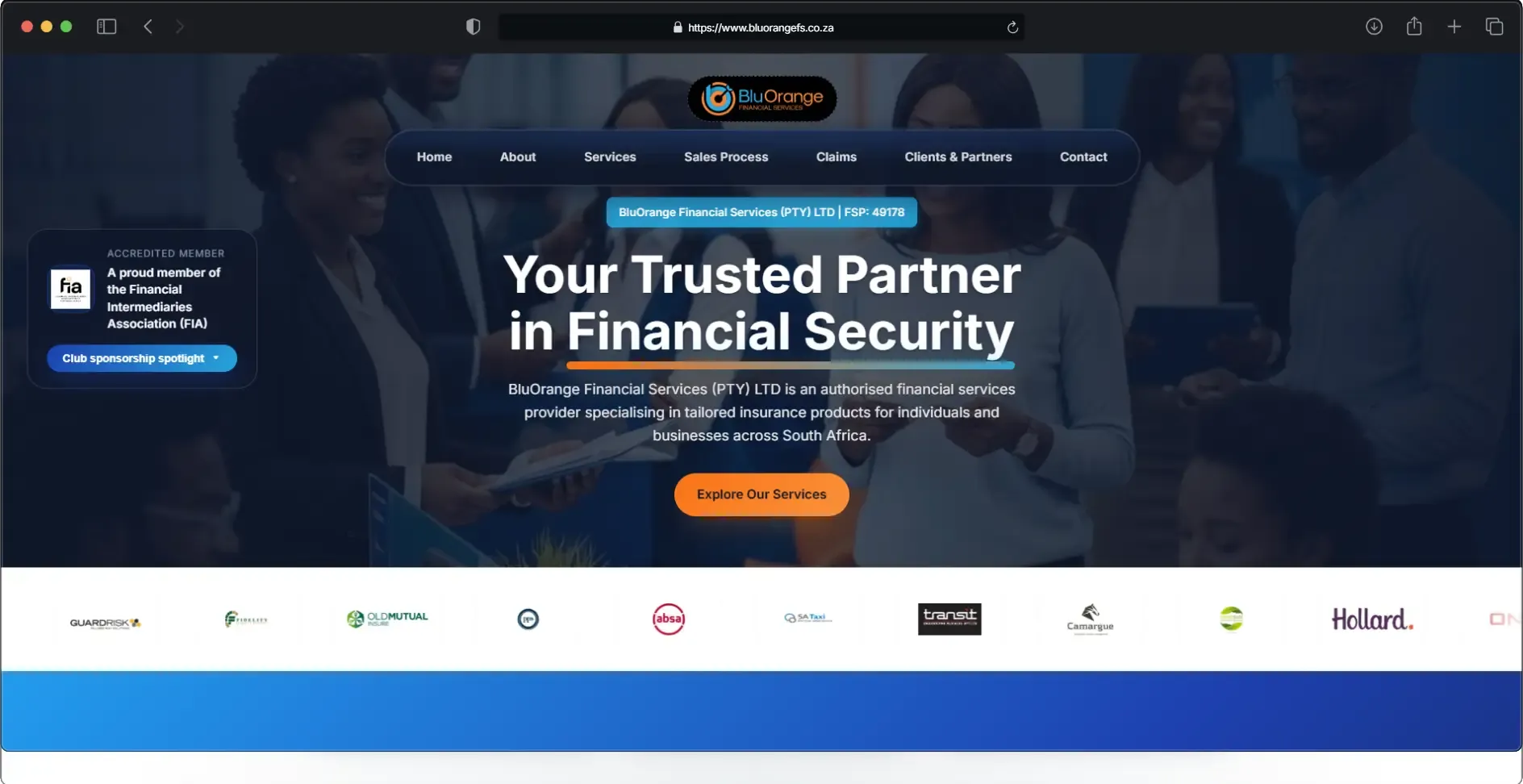 Blu Orange Financial Services website with confident financial messaging